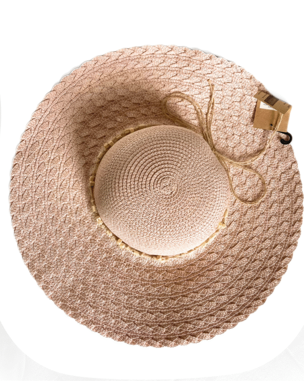 Opvouwbare hoed met brede rand, roze met kralenband + reistasje